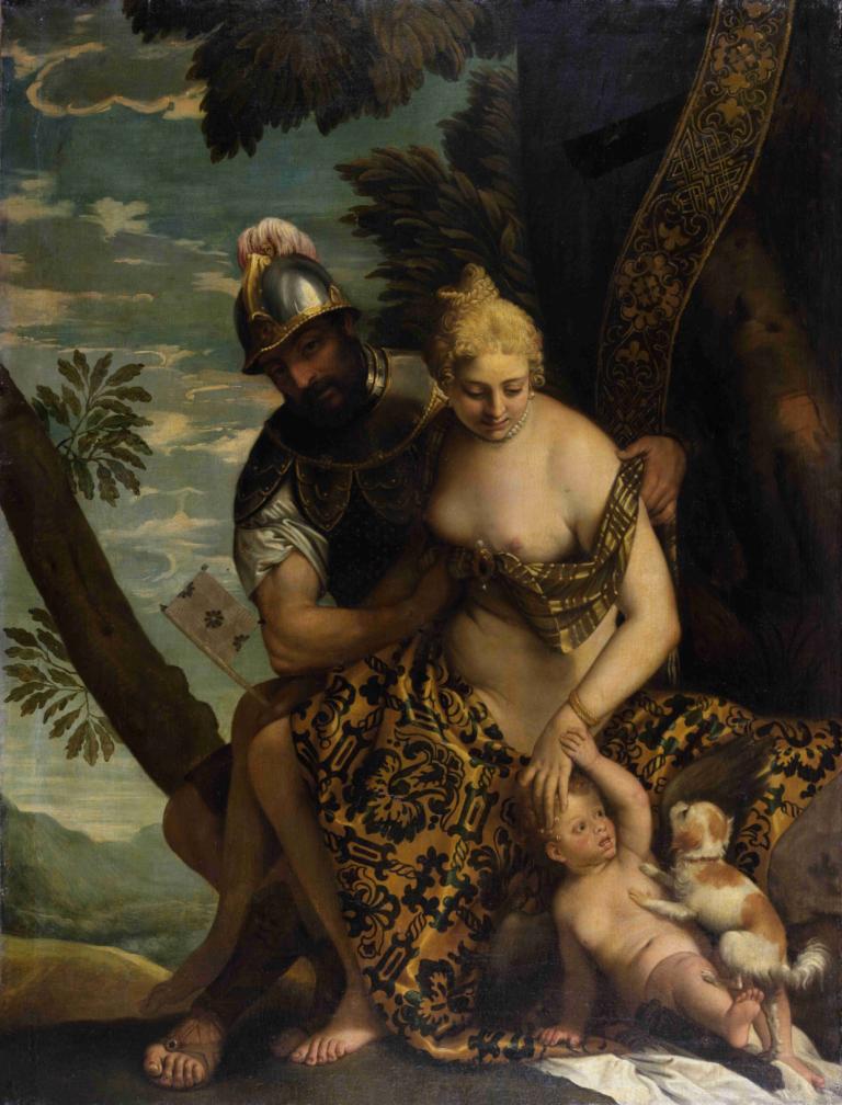 Mars and Venus,火星和金星,Paolo Veronese,保羅·韋爾內塞,油畫,油畫, 美術模仿, 樹, 乳房, 金髮, 乳頭, 1個女孩, 戲仿, 雲, 棕櫚樹, 假傳統媒體, 頭盔, 實際的, 赤腳