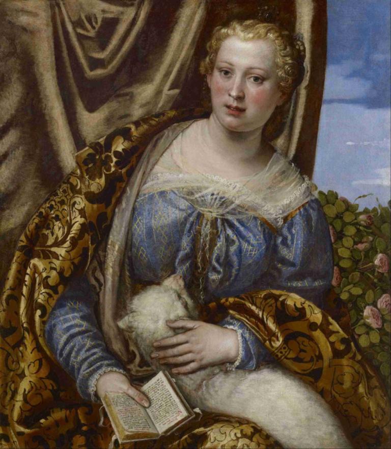 Portrait Of A Lady As Saint Agnes,聖女アグネスの肖像,Paolo Veronese,パオロ・ヴェロネーゼ,油絵,油絵, 美術パロディ, 1女の子, ブロンドの髪, ホールディング, 猫