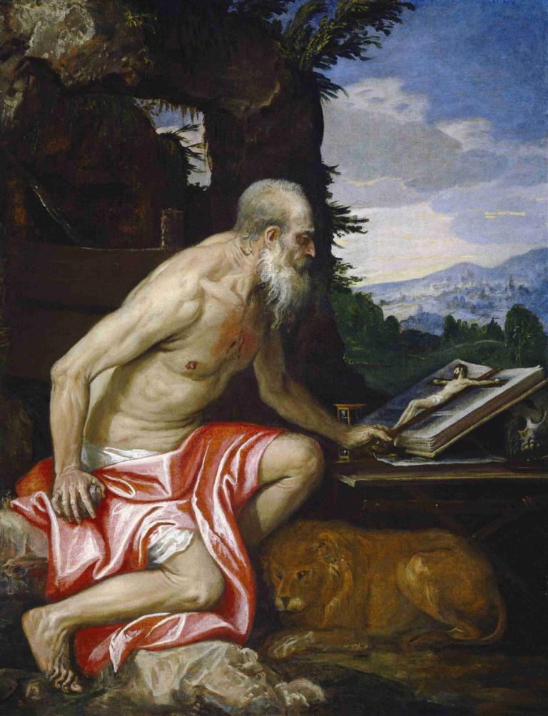 Saint Jerome in the Wilderness,荒野中的聖傑羅姆,Paolo Veronese,保羅·韋爾內塞,油畫,油畫, 美術模仿, 1男孩, 男性焦點, 老的, 老人, 鬍鬚, 獨奏, 鬍子, 赤腳