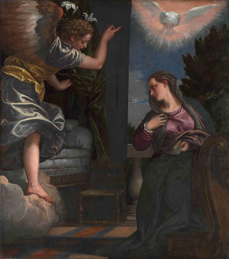 The Annunciation,受胎告知,Paolo Veronese,パオロ・ヴェロネーゼ,油絵,油絵, 美術パロディ, 複数の女の子, 女の子2人, 裸足, 翼, パロディー, 椅子, 老婦人, 長い髪