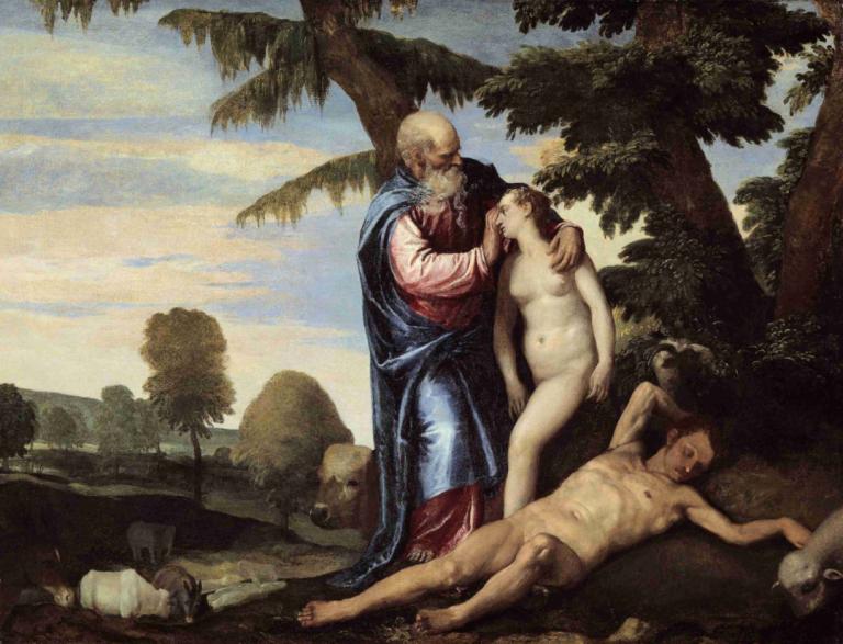 The Creation of Eve,イブの創造,Paolo Veronese,パオロ・ヴェロネーゼ,油絵,油絵, 美術パロディ, 木, 複数の男の子, パロディー, ヌード, 1女の子, 屋外, ケープ, 乳首