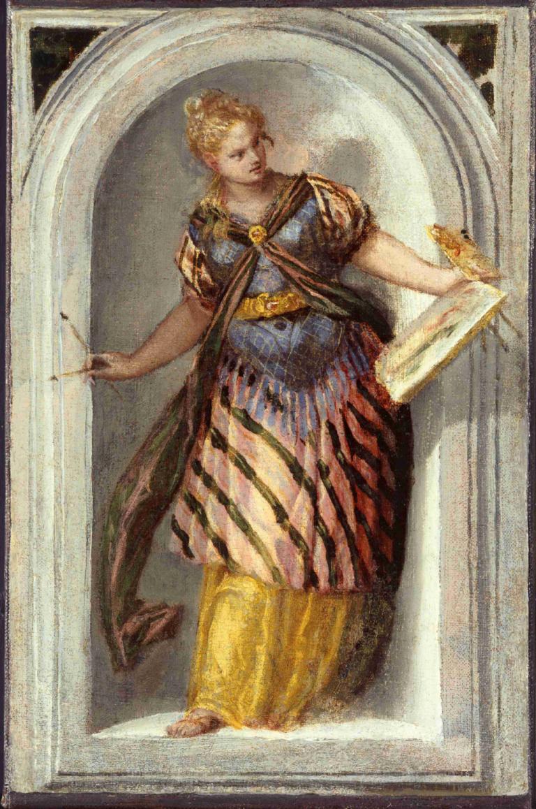 The Muse of Painting,繪畫的繆斯,Paolo Veronese,保羅·韋爾內塞,油畫,油畫, 美術模仿, 金髮, 獨奏, 鳥, 1男孩, 男性焦點, 岬, 畫筆, 假傳統媒體, 保持, 1個女孩