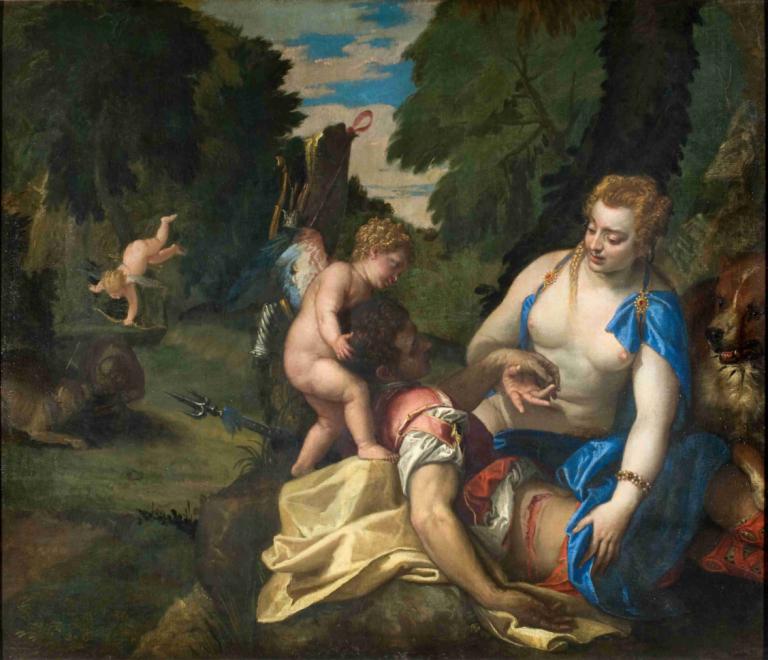 Venus Mourning Adonis,維納斯哀悼阿度尼斯,Paolo Veronese,保羅·韋爾內塞,油畫,油畫, 美術模仿, 戲仿, 戶外, 樹, 金髮, 多個男孩, 假傳統媒體, 手鐲, 武器, 乳頭, 天