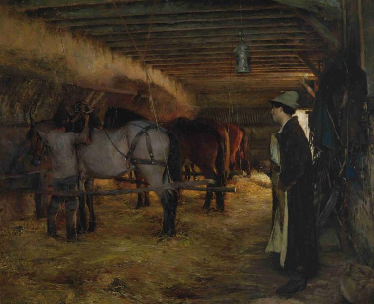 A stable,Pascal-Adolphe-Jean Dagnan-Bouveret,Oil Painting,Oil Painting, horse, hat, 1boy, male focus, weapon