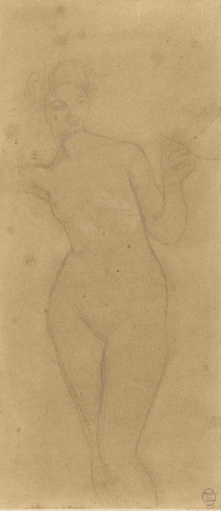 Académie féminine,Pascal-Adolphe-Jean Dagnan-Bouveret,Sketch,Sketch, solo, 1girl, nude, monochrome