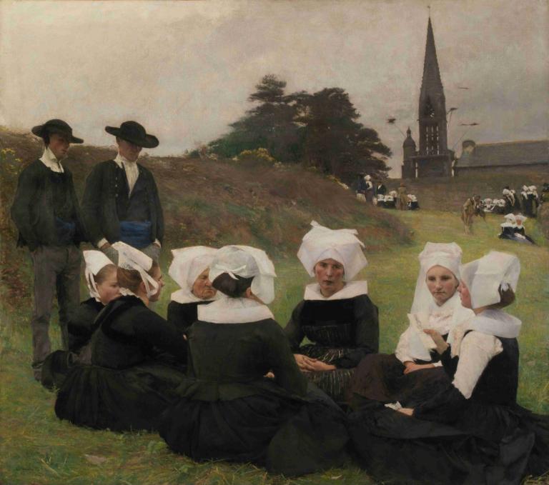 Breton Women at a Pardon,Pascal-Adolphe-Jean Dagnan-Bouveret,Oil Painting,Oil Painting, dress, hat, outdoors