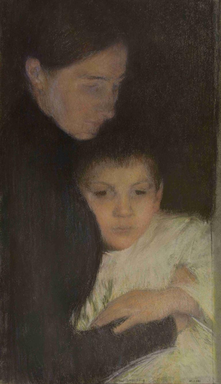 Femme et enfant,Pascal-Adolphe-Jean Dagnan-Bouveret,Oil Painting,Oil Painting, black hair, multiple boys