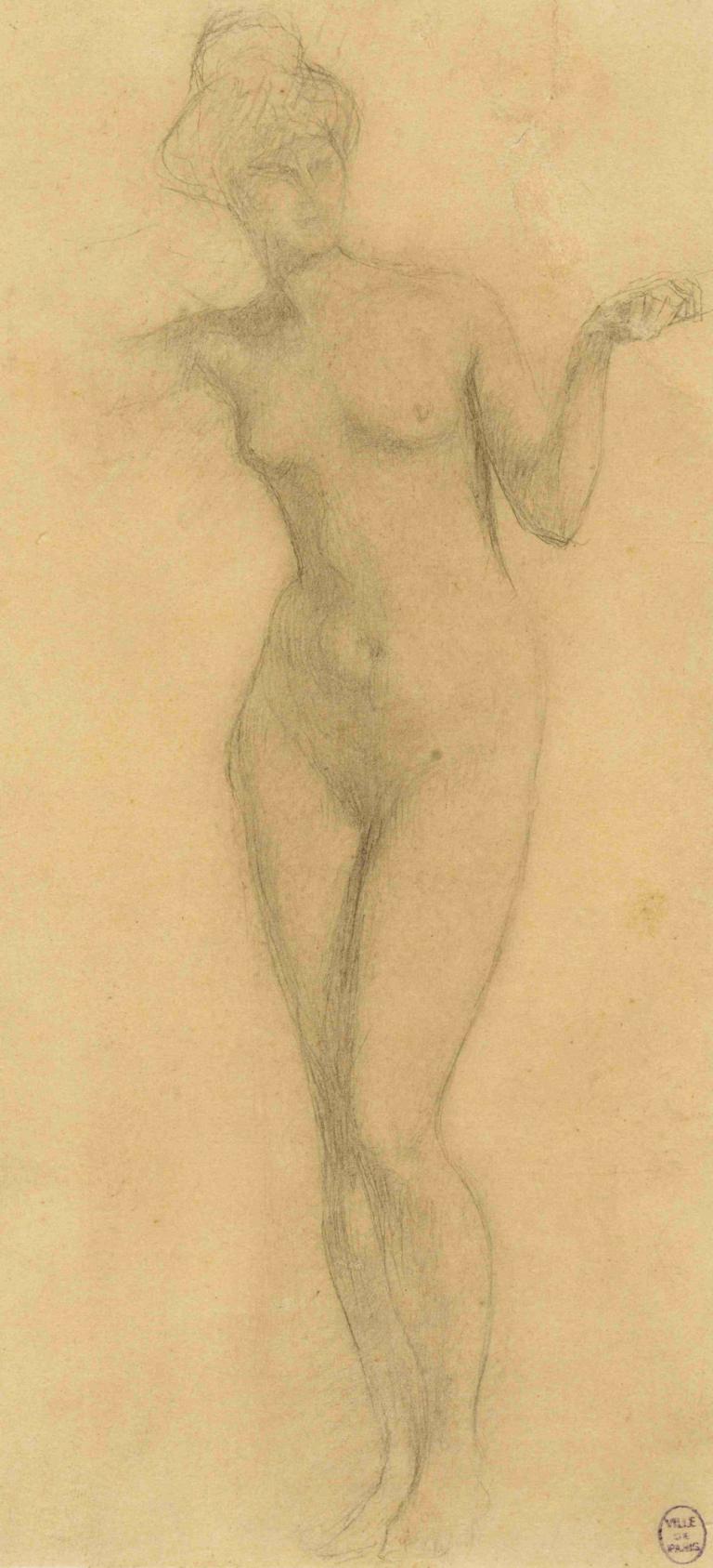 Femme nue,裸体女人,Pascal-Adolphe-Jean Dagnan-Bouveret,帕斯卡尔-阿道夫-让-达尼安-布维雷,素描,素描, 1个女孩, 独奏, 裸体, 乳头, 乳房, 单色, 草图, 脐