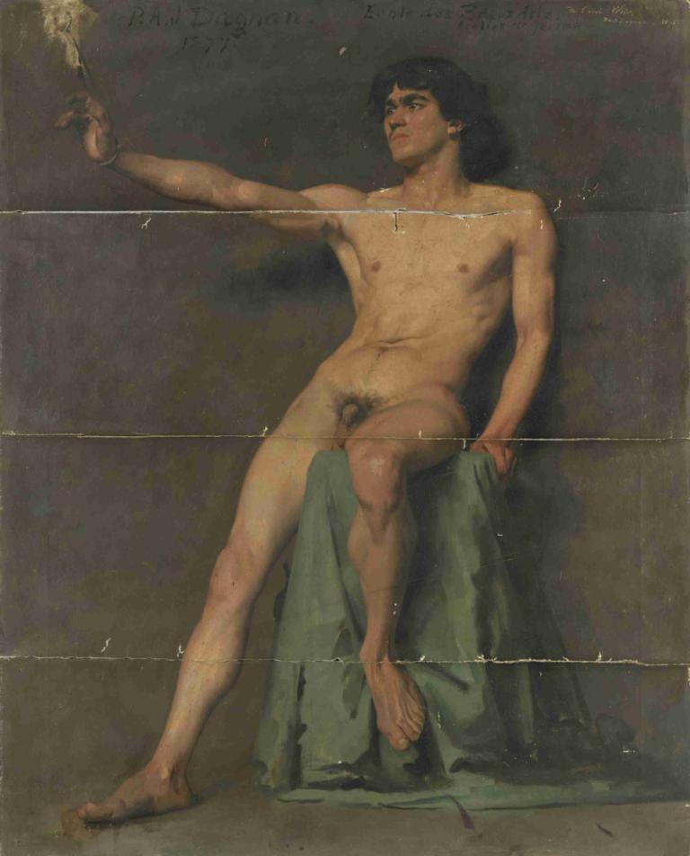 Male Nude Study,Pascal-Adolphe-Jean Dagnan-Bouveret,Oil Painting,Oil Painting, male focus, 1boy, solo