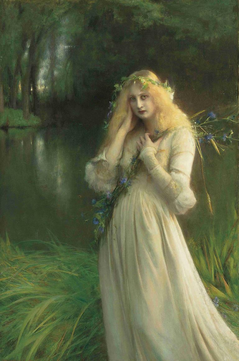 Ophelia,Ofelia,Pascal-Adolphe-Jean Dagnan-Bouveret,Pintura al óleo,Pintura al óleo, 1 chica, solo, vestido