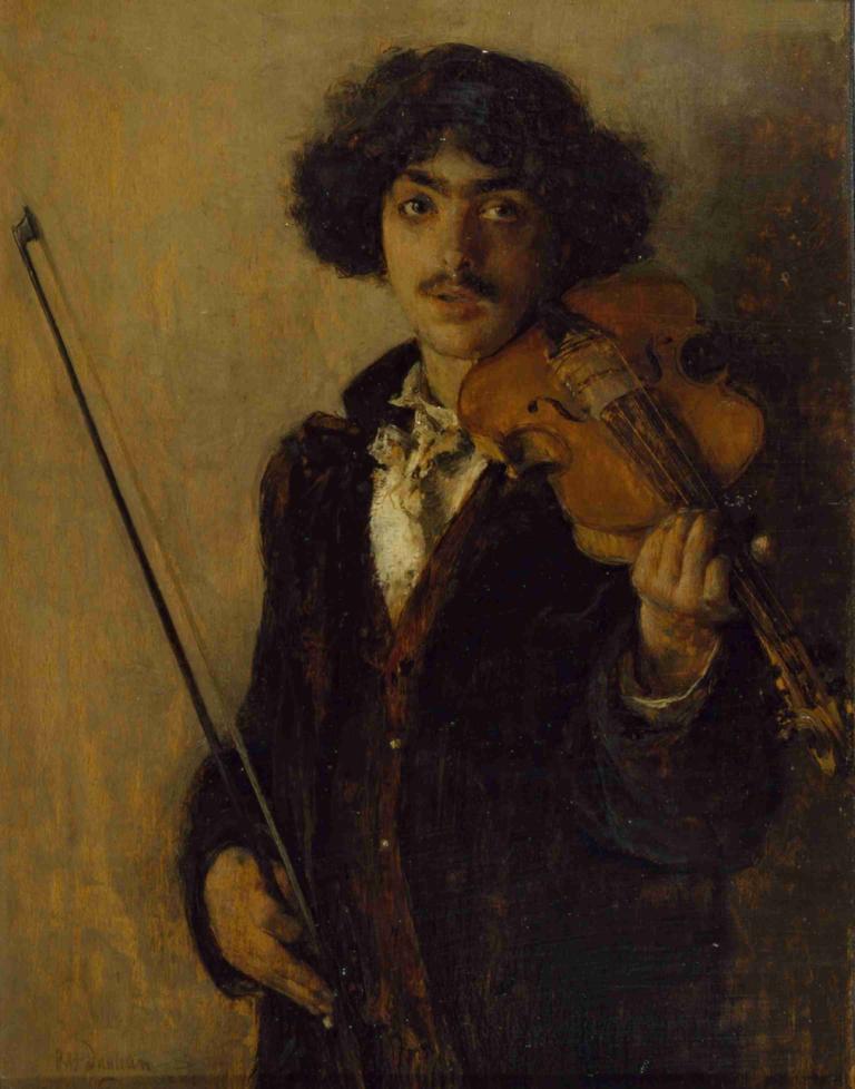 The Musician,Pascal-Adolphe-Jean Dagnan-Bouveret,Oil Painting,Oil Painting, violin, instrument, solo, 1boy