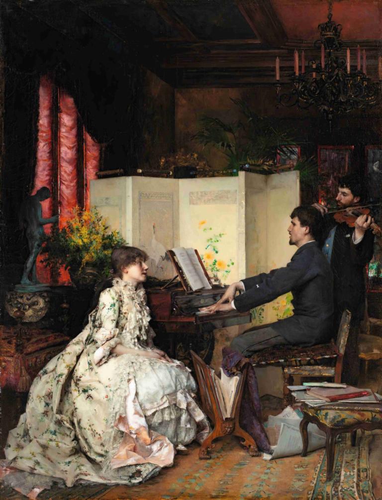 The duet,Pascal-Adolphe-Jean Dagnan-Bouveret,Oil Painting,Oil Painting, instrument, dress, 1girl, sitting