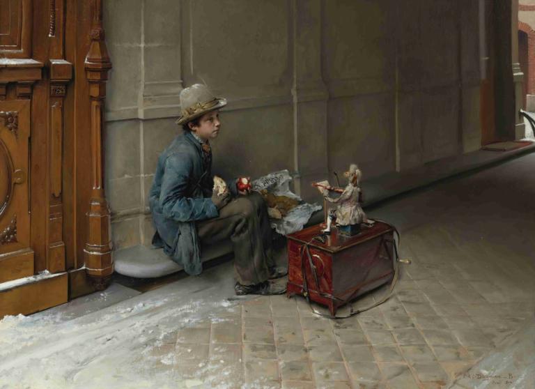 The petit savoyard eating in front of an entrance to a house,Маленький савояр ест перед входом в дом