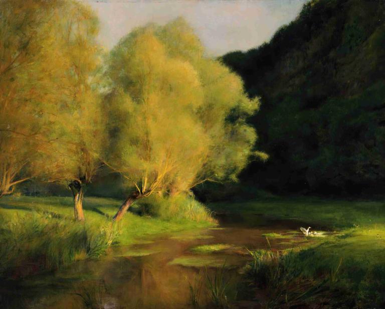 Willows by a Stream ,Pascal-Adolphe-Jean Dagnan-Bouveret,Oil Painting,Oil Painting, scenery, outdoors, tree