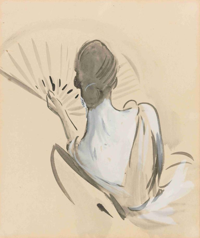 A Woman Seen From Behind Holding A Fan,Paul César Helleu,Color Sketch,Color Sketch, solo, from behind, 1girl