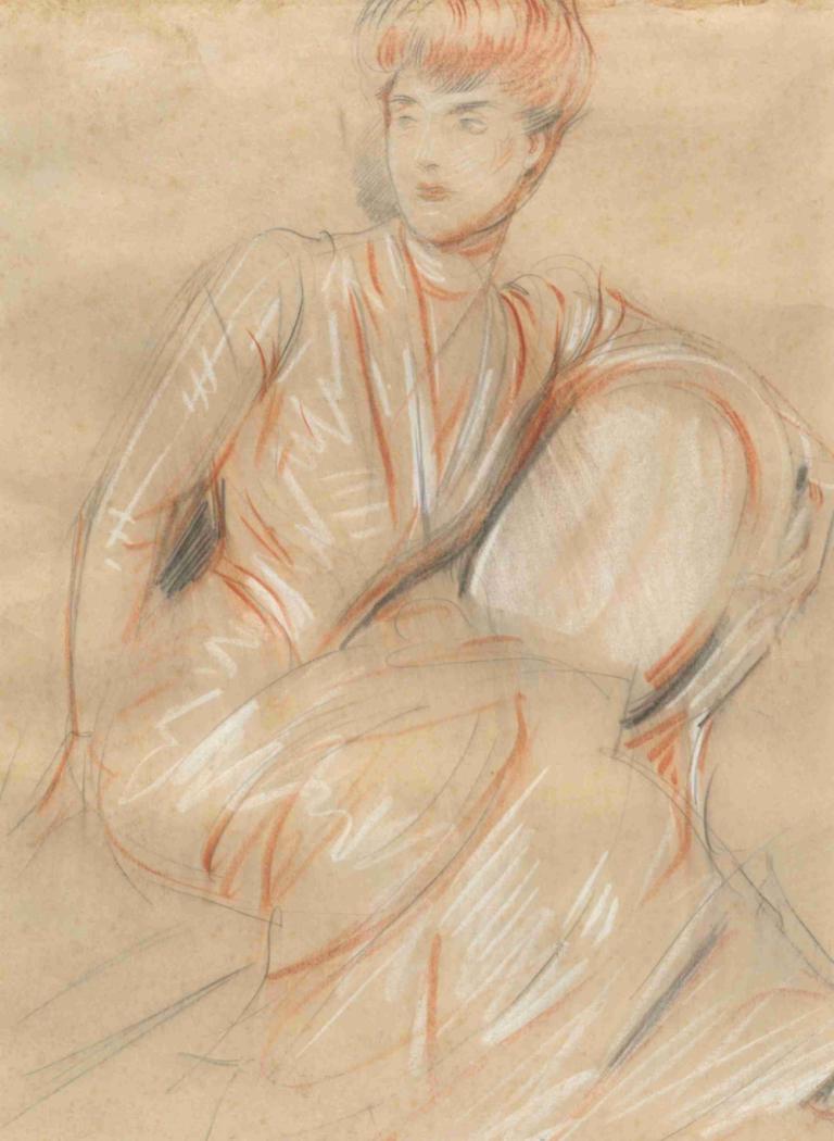 A lady seated on a chair,Paul César Helleu,Color Sketch,Color Sketch, solo, 1girl, sketch, sitting