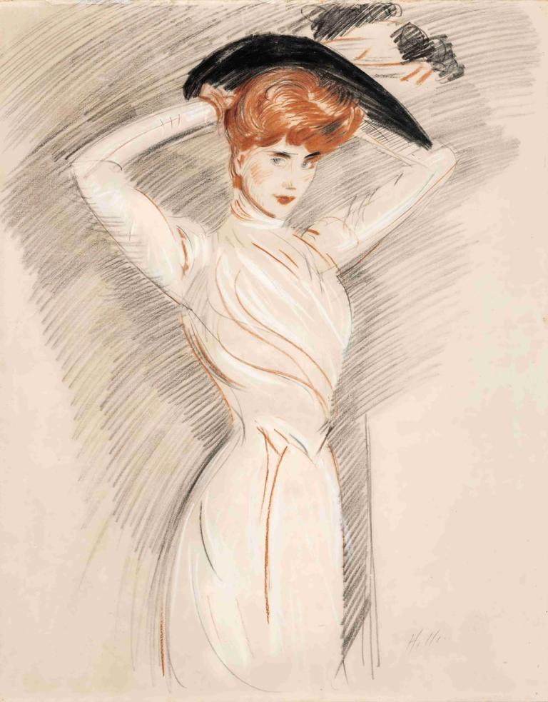 An elegant lady wearing a hat,Paul César Helleu,Color Sketch,Color Sketch, solo, dress, male focus, hat, 1boy