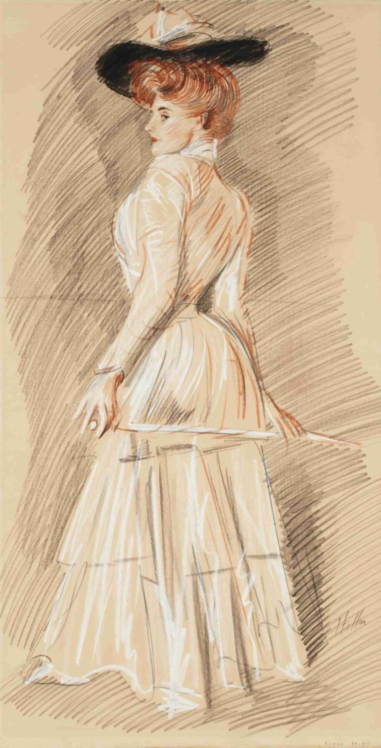 Elégante à la canne,Paul César Helleu,Color Sketch,Color Sketch, 1girl, solo, hat, dress, white dress