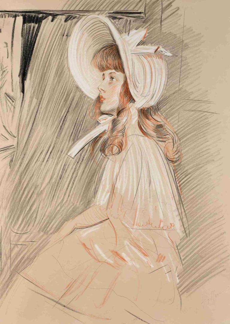 Fillette regardant vers le haut,Paul César Helleu,Color Sketch,Color Sketch, 1girl, solo, brown hair, hat