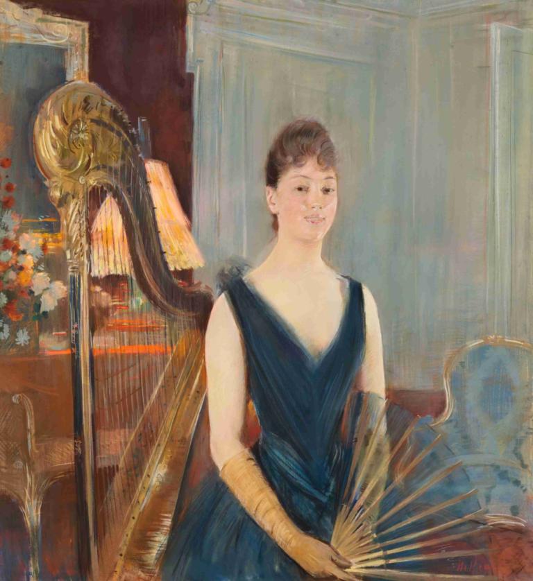 Harpiste assise à l'éventail,Paul César Helleu,Oil Painting,Oil Painting, 1girl, solo, dress, brown hair