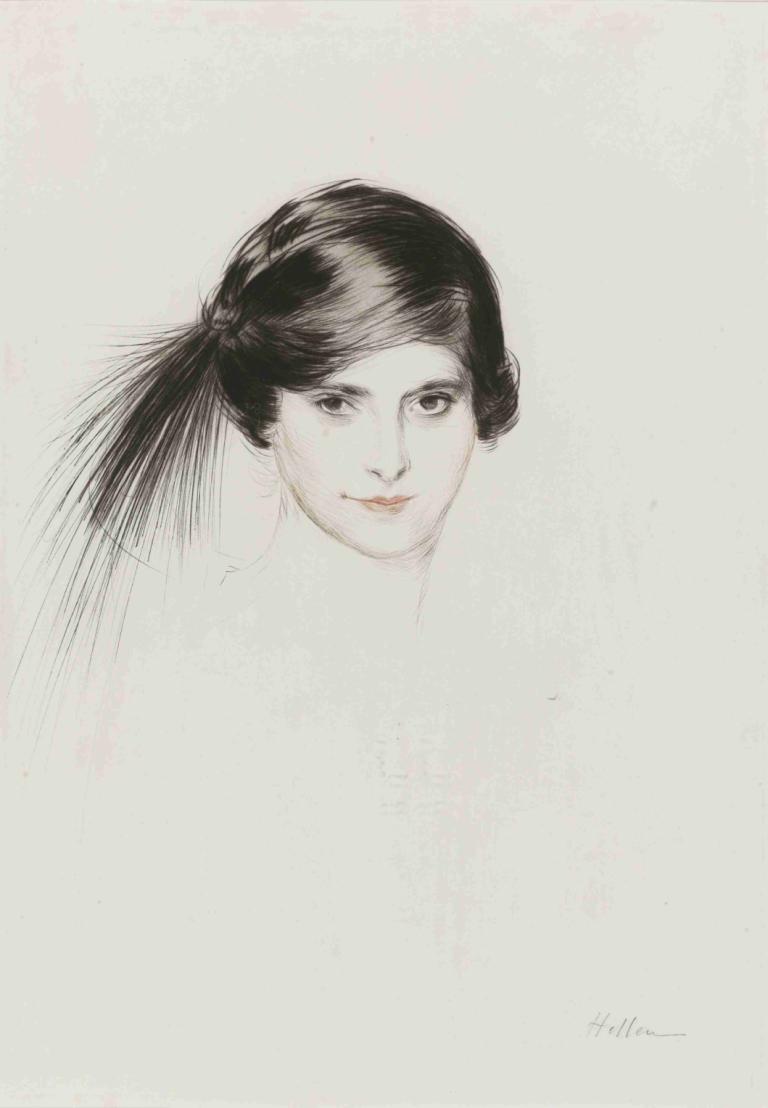 Head of Helena Rubinstein With Egret Feathers,Paul César Helleu,Color Sketch,Color Sketch, 1girl, solo