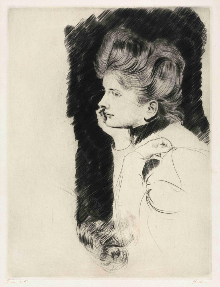 Head of a Woman,Paul César Helleu,Sketch,Sketch, monochrome, 1girl, solo, profile, traditional media