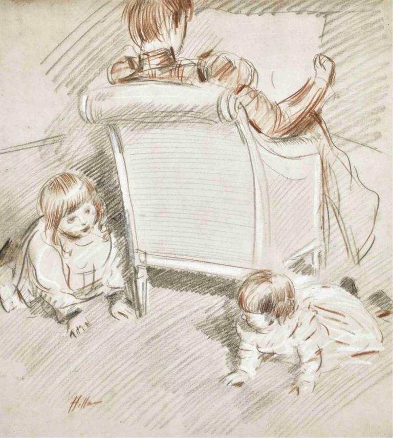 Jeu D'enfants,Paul César Helleu,Color Sketch,Color Sketch, multiple boys, sketch, short hair, monochrome