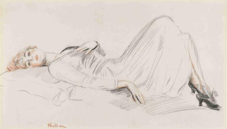 Jeune femme allongée,누워있는 젊은 여성,Paul César Helleu,폴 세자르 헬레우,컬러 스케치,컬러 스케치, 여자 1명, 독주, 하이힐, 거짓말하는, 드레스, 가슴, 뒤에