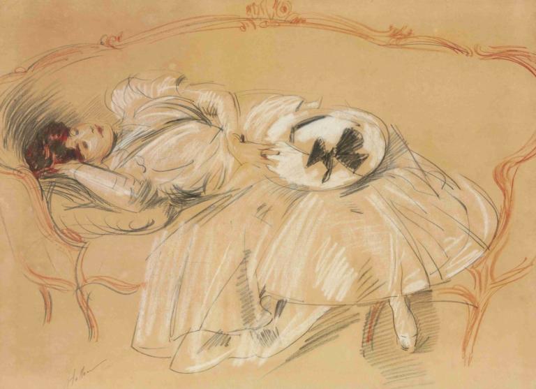 Jeune femme au divan,Kanepe üzerinde genç kadın,Paul César Helleu,Renk Taslağı,Renk Taslağı, 1kız, solo