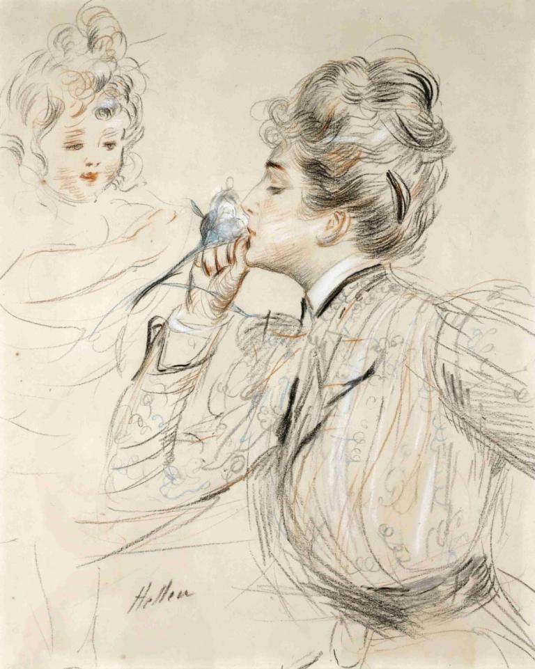 LE PARFUM,香水,Paul César Helleu,保羅·塞薩爾·赫勒,彩色素描,彩色素描, 1個女孩, 輪廓, 漏洞, 草圖, 傳統媒體, 髮髻, 蝴蝶, 簽名, 黑髮, 獨奏, 閉著眼睛