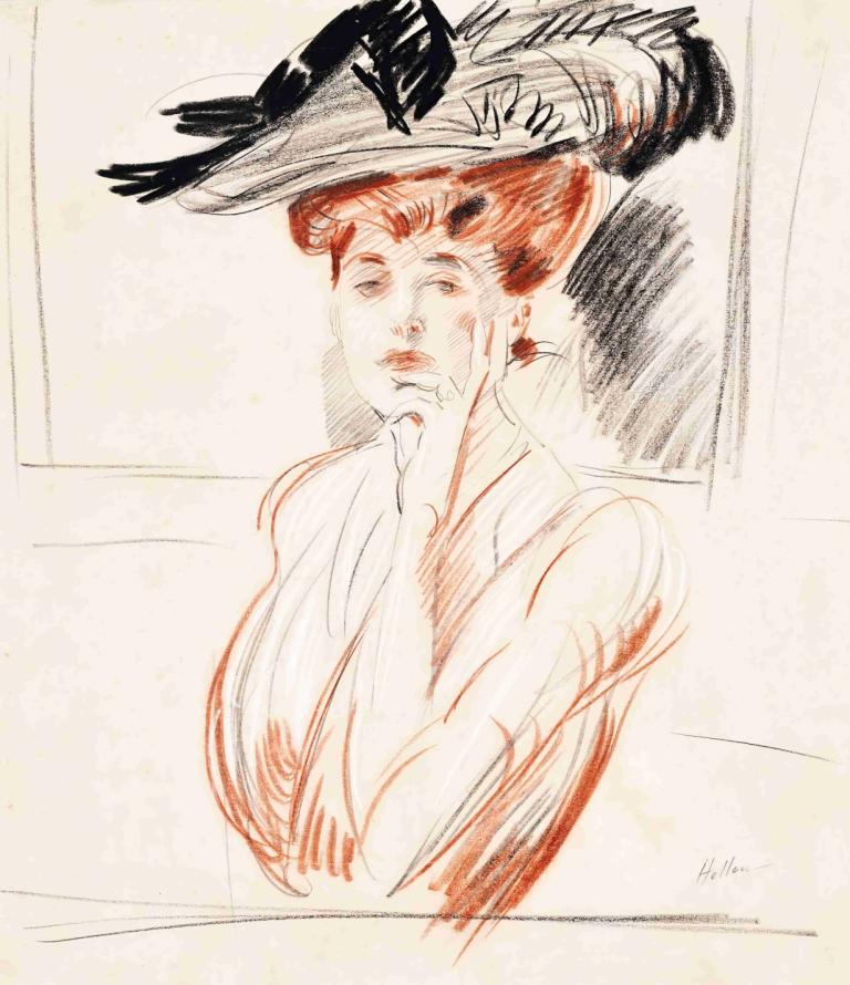 La dame au chapeau aux plumes,깃털 달린 모자를 쓴 여인,Paul César Helleu,폴 세자르 헬레우,컬러 스케치,컬러 스케치, 독주, 모자, 1남, 남성 집중, 상체