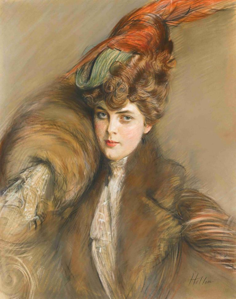 Lady In A Feather Hat,Dame met een veren hoed,Paul César Helleu,Olieverf,Olieverf, solo, bruin haar, hoed