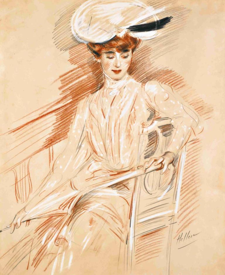 Le Parasol,De parasol,Paul César Helleu,Kleurenschets,Kleurenschets, solo, 1meisje, retro-kunststijl, zitten