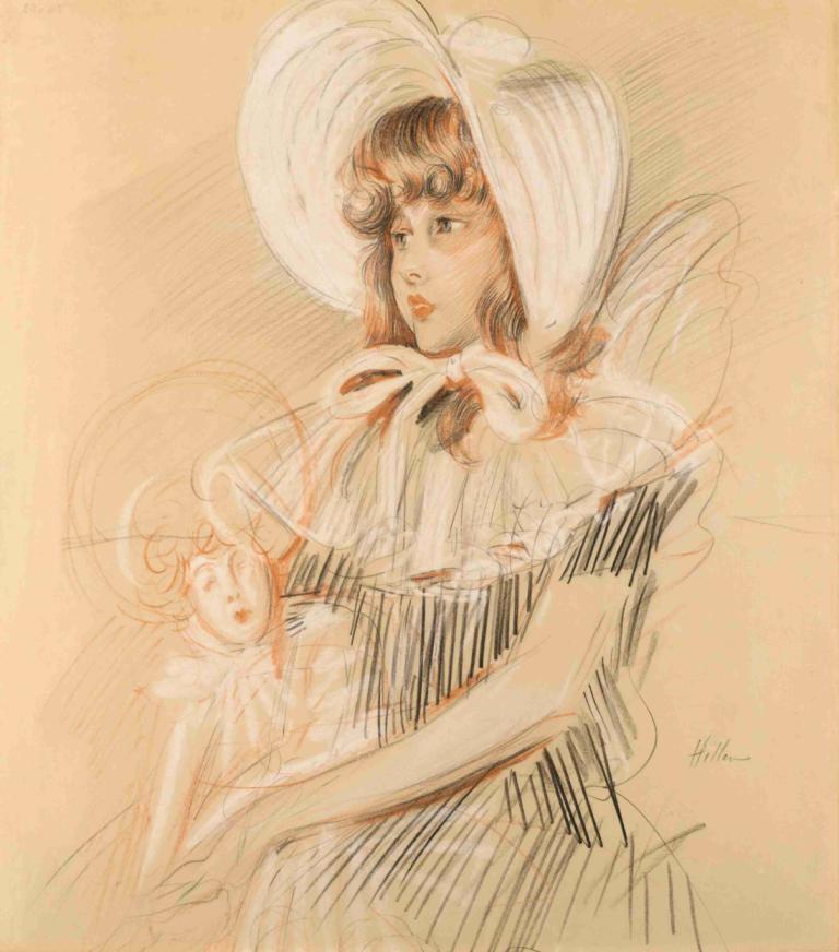 Little Girl Holding Her Doll,인형을 안고 있는 어린 소녀,Paul César Helleu,폴 세자르 헬레우,컬러 스케치,컬러 스케치, 여자 1명, 독주, 드레스, 갈색 머리