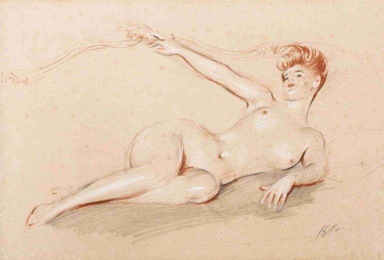 Lying Nude On A Sofa,소파에 누드 누워,Paul César Helleu,폴 세자르 헬레우,컬러 스케치,컬러 스케치, 여자 1명, 독주, 젖꼭지, 나체상, 가슴, 거짓말하는, 단색화