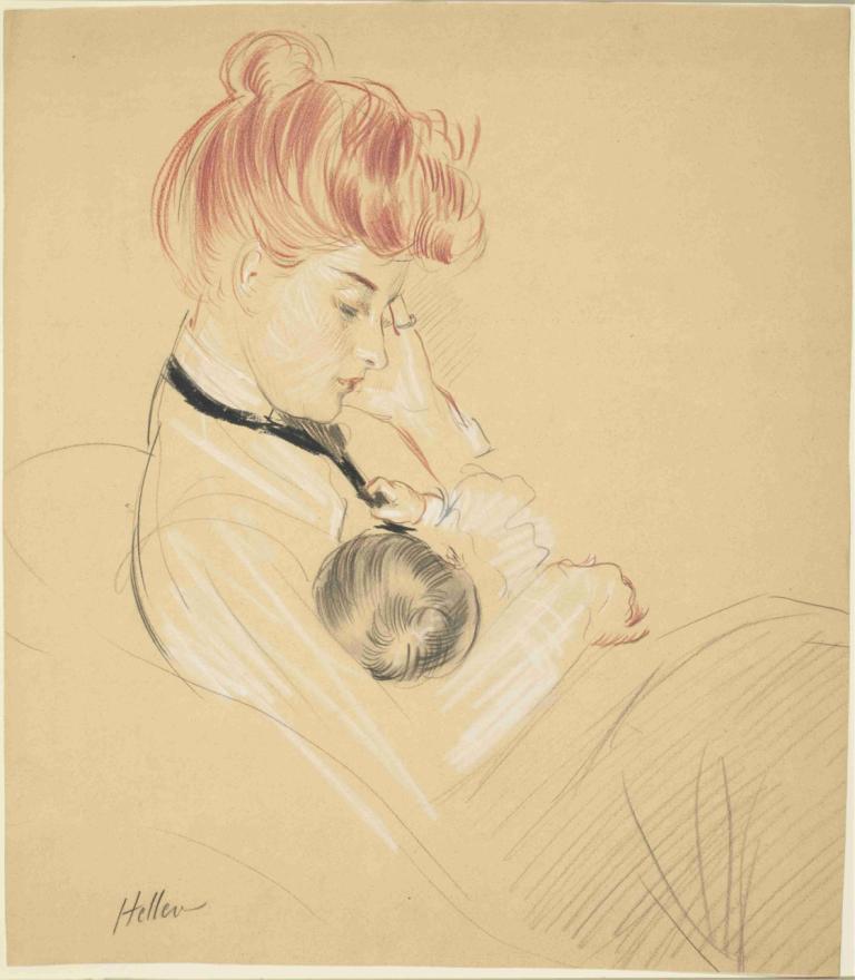 Madame Helleu Cradling Paulette in Her Arms,폴레트를 품에 안은 마담 헬뤼,Paul César Helleu,폴 세자르 헬레우,컬러 스케치,컬러 스케치, 헤어 번