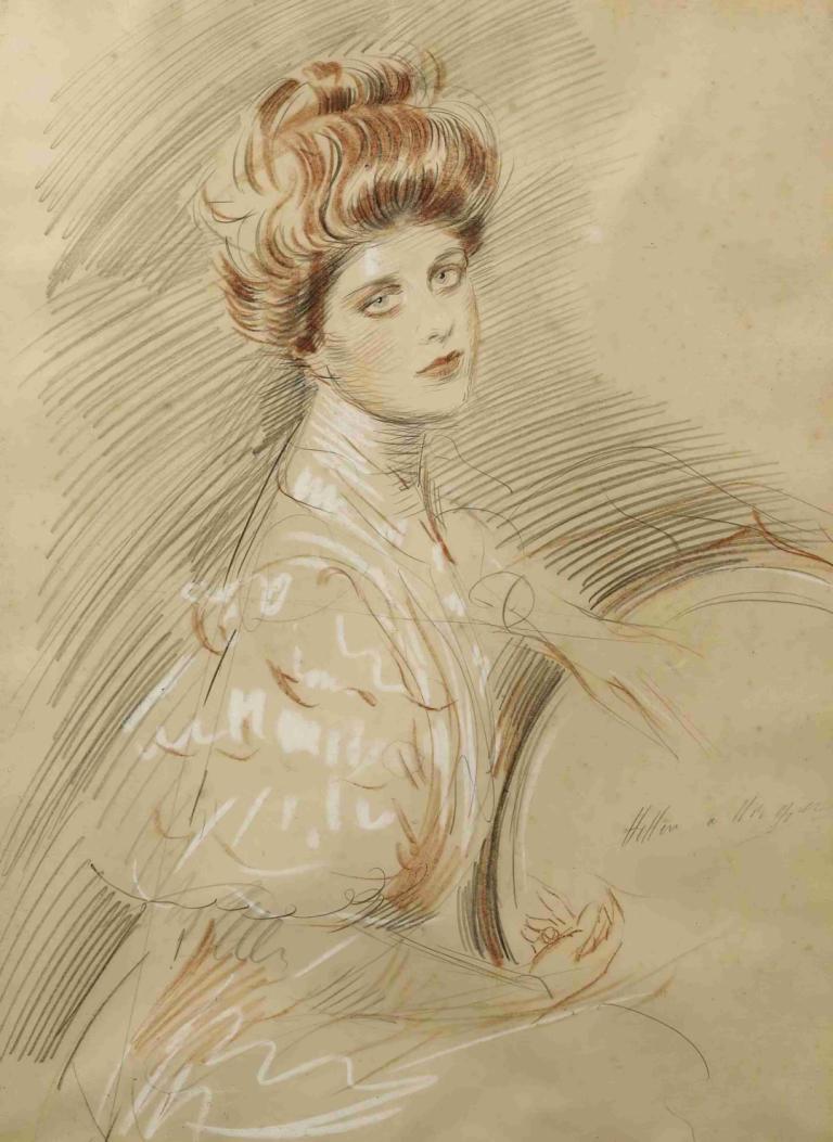 Portrait De Femme,Porträtt av en kvinna,Paul César Helleu,Färgskiss,Färgskiss, 1 tjej, solo, klänning