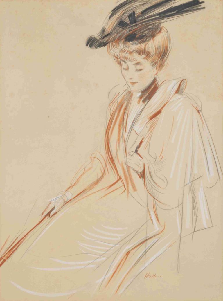 Portrait de femme au chapeau à plumes,Porträtt av en kvinna med fjäderhatt,Paul César Helleu,Färgskiss