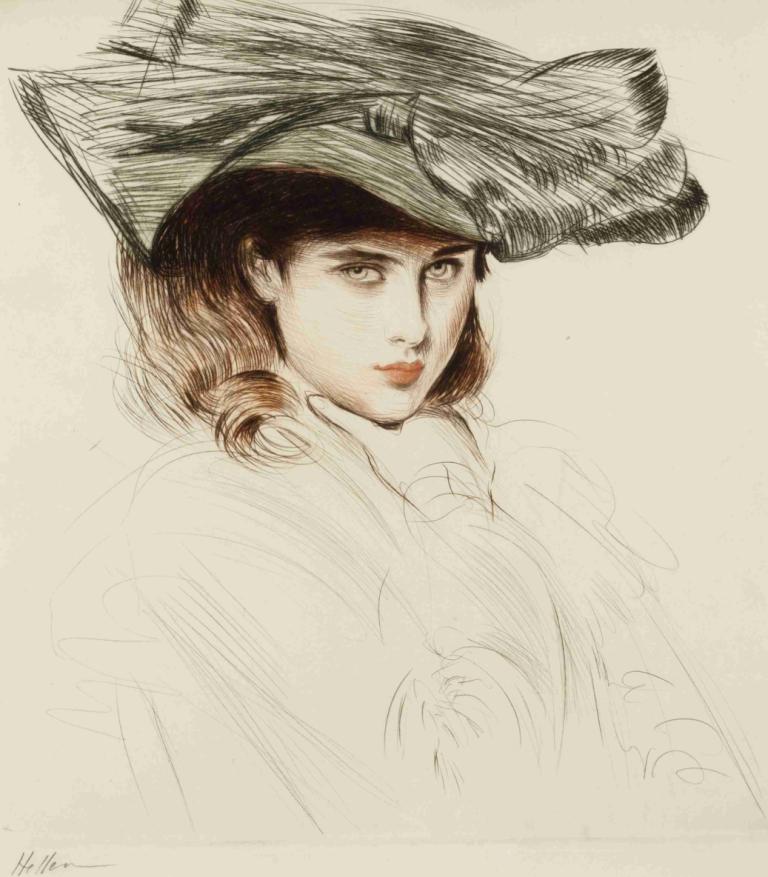 Portrait of a Young Lady with Hat,Porträtt av en ung dam med hatt,Paul César Helleu,Färgskiss,Färgskiss