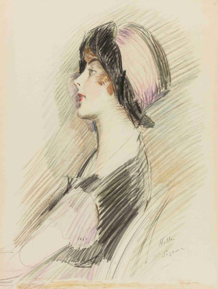 Profile Of A Young Lady,Profil av en ung kvinna,Paul César Helleu,Färgskiss,Färgskiss, 1 tjej, solo, kort hår