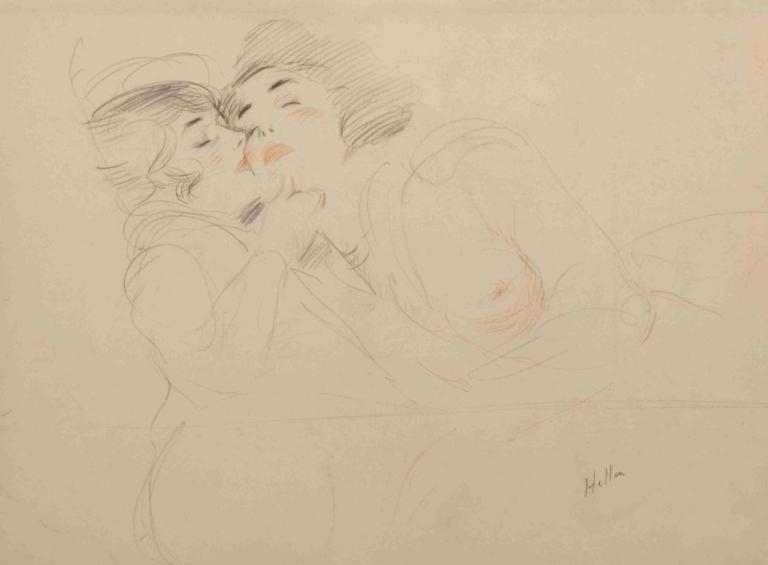 Two women,Dua wanita,Paul César Helleu,Sketsa Warna,Sketsa Warna, payudara, puting, 2 perempuan, sketsa