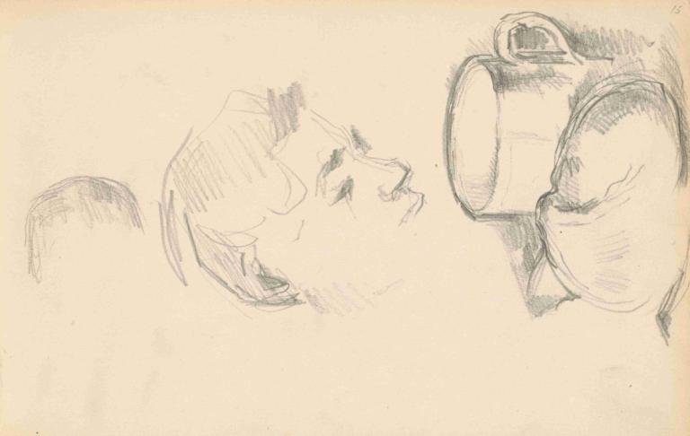 A Head, a Cup and a Bread Roll,Paul Cézanne,Sketch,Sketch, monochrome, traditional media, sketch, male focus