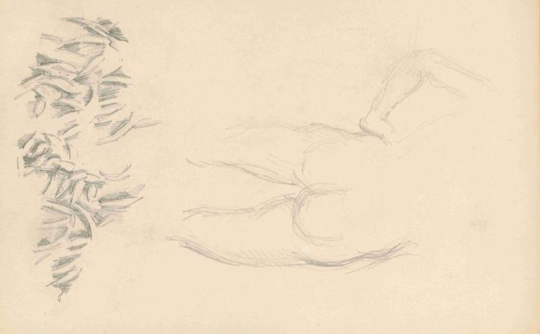 A Nude and Foliage,Paul Cézanne,Sketch,Sketch, monochrome, traditional media, sketch, leaf, no humans