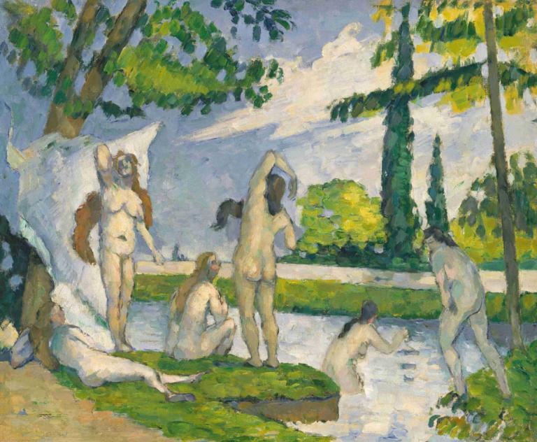 Bathers,Paul Cézanne,Oil Painting,Oil Painting, tree, nude, fine art parody, outdoors, painting (medium)