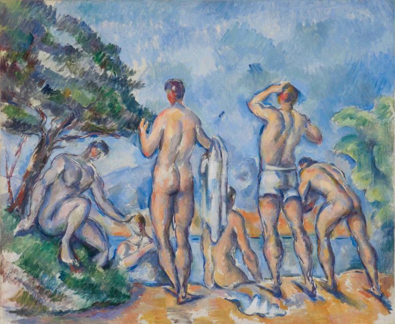 Bathers,Paul Cézanne,Oil Painting,Oil Painting, multiple boys, painting (medium), tree, traditional media