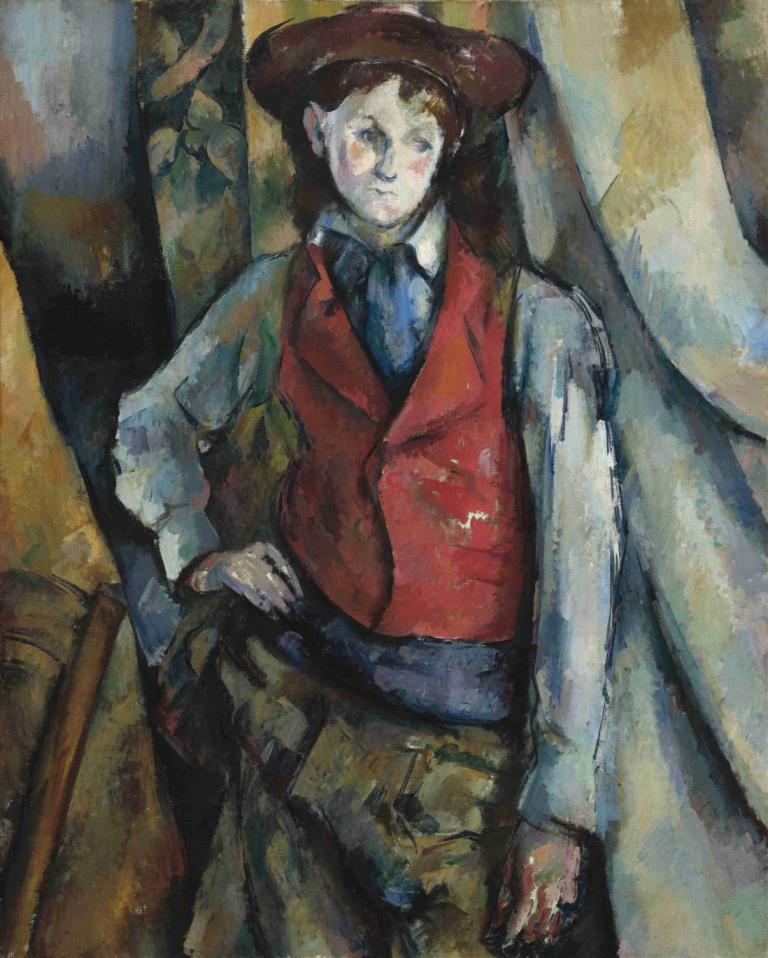 Boy in a Red Waistcoat,Junge in roter Weste,Paul Cézanne,Ölgemälde,Ölgemälde, männlicher Fokus, 1Junge, Solo