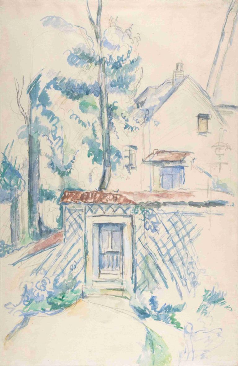 Entrance to a Garden,Eingang zu einem Garten,Paul Cézanne,Farbskizze,Farbskizze, Baum, Haus, keine Menschen