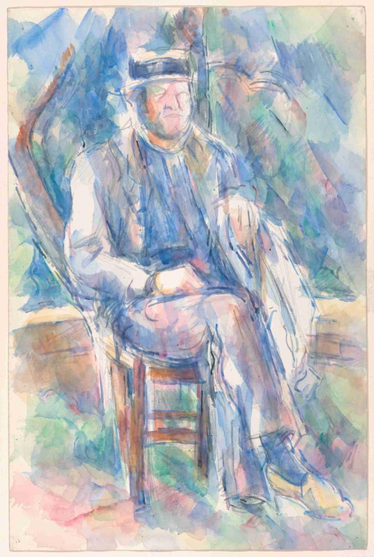 Man Wearing a Straw Hat,Paul Cézanne,Oil Painting,Oil Painting, male focus, sitting, 1boy, hat, chair