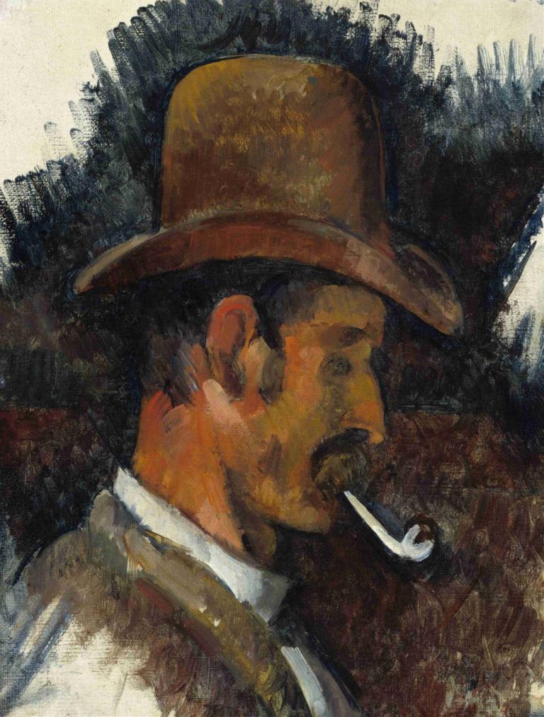 Man with Pipe,Mand med rør,Paul Cézanne,Oliemaleri,Oliemaleri, 1 dreng, solo, mandligt fokus, hat, rygning