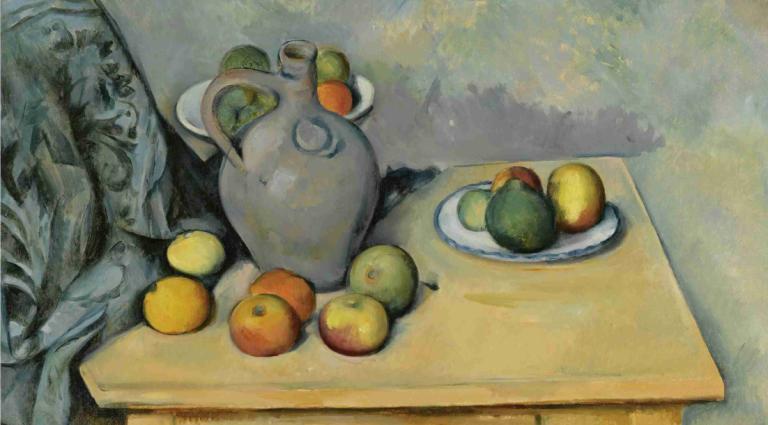 Pichet Et Fruits Sur Une Table,Kruik en fruit op een tafel,Paul Cézanne,Olieverf,Olieverf, voedsel